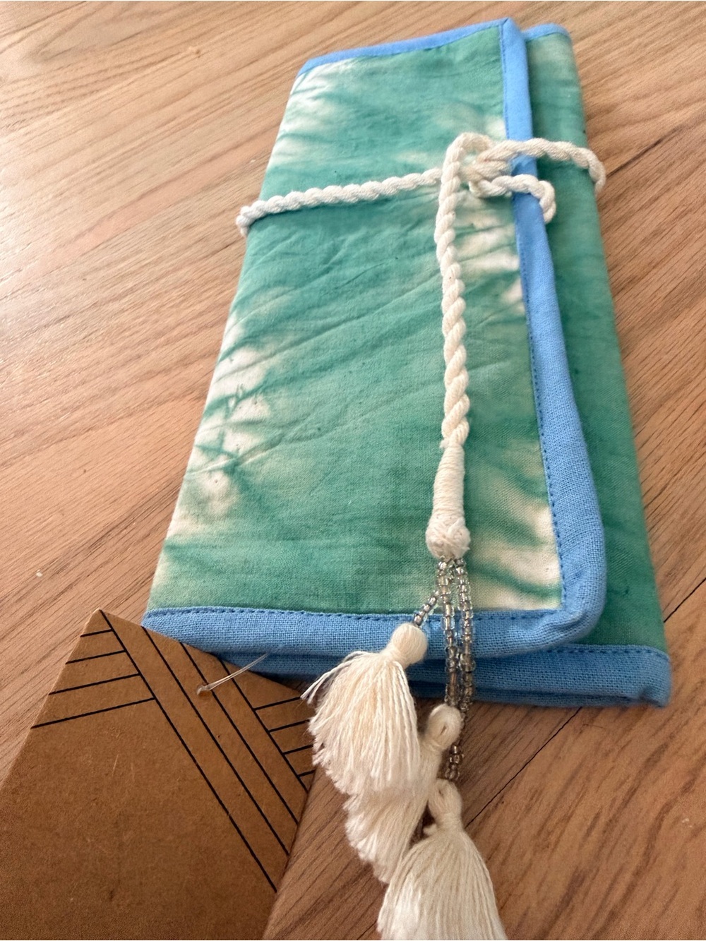 Handmade Tie-Dye Vacation Ready Roll Up Organizer - Turquoise with Tassel Wrap